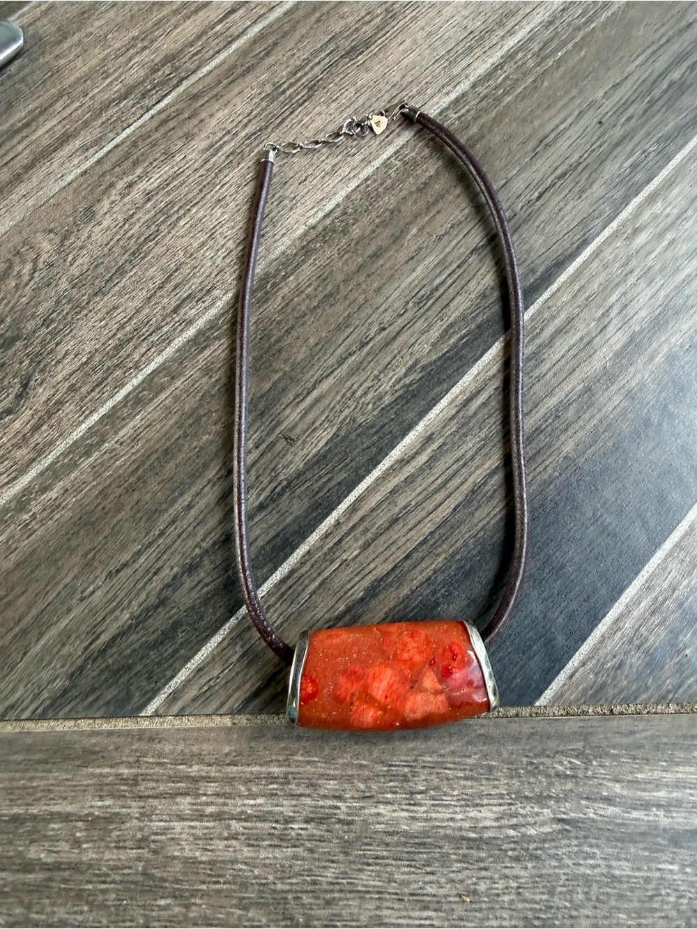 Silpada Orange-Red Resin Pendant Necklace on Brown Cord
